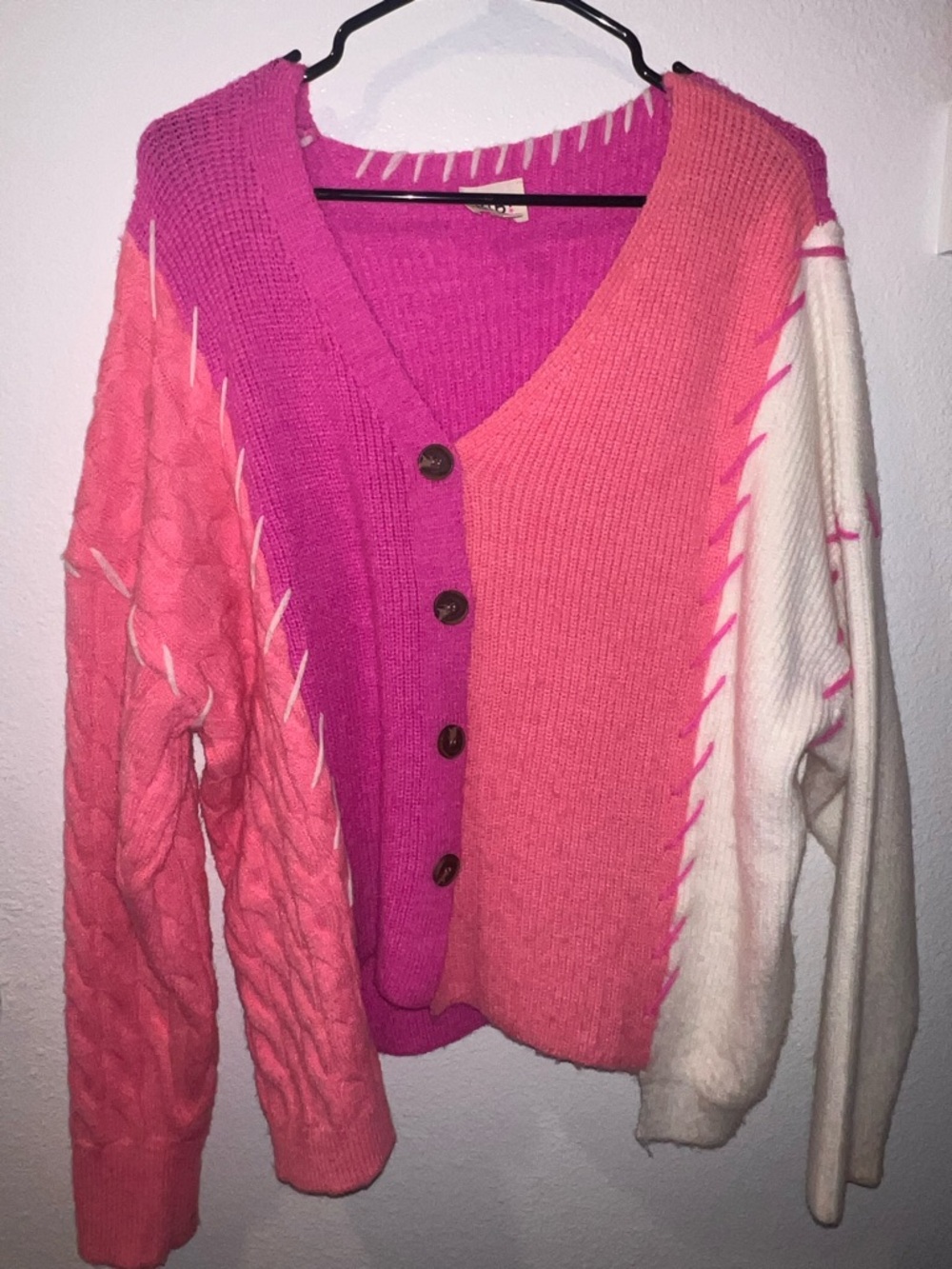 BiBi Pink Colorblock Chunky Knit Cardigan XL Cozy Statement Sweater